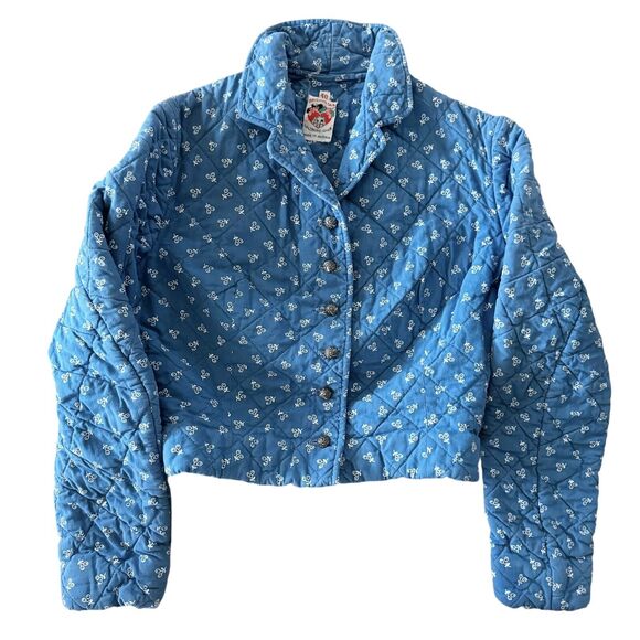 Original Lanz Kids Girls Size 40/8 Quilted Jacket Blue Floral 70s-80s